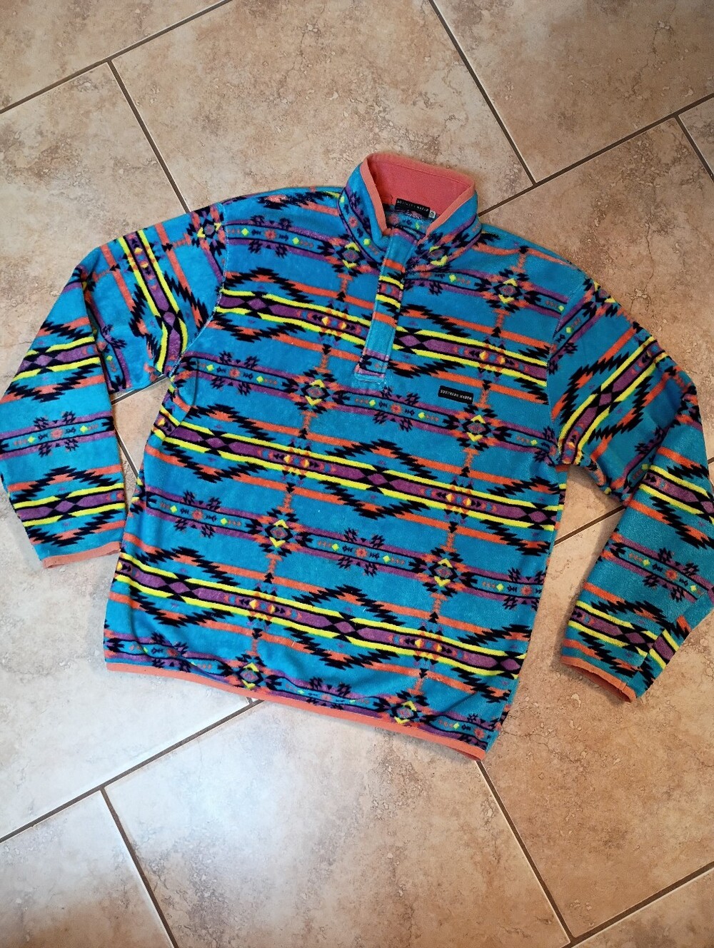 Southern Marsh Turquoise Multicolor Patterned Snap-Placket Fleece Pullover